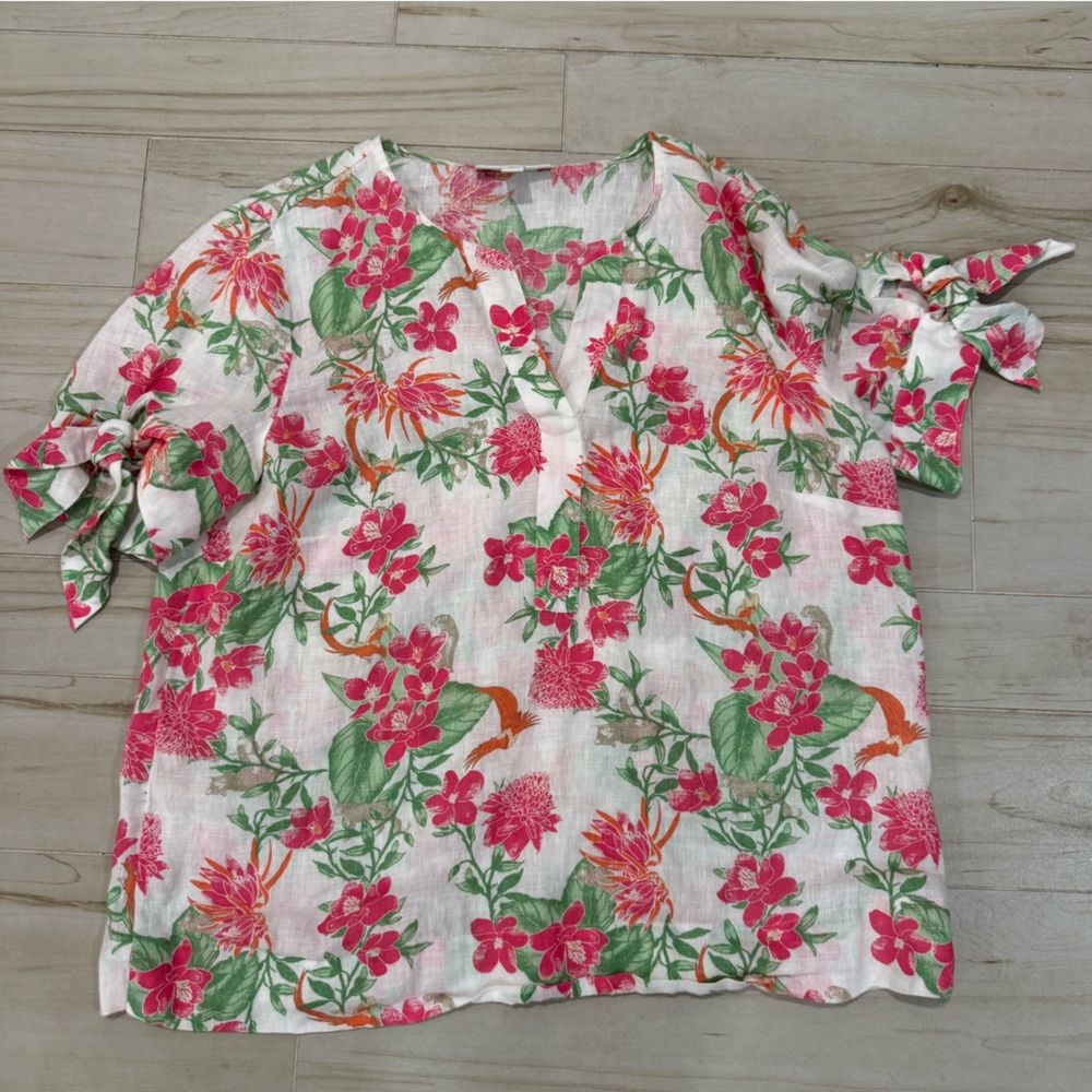 Charter Club White Linen Tropical Floral Camp Shirt Size M